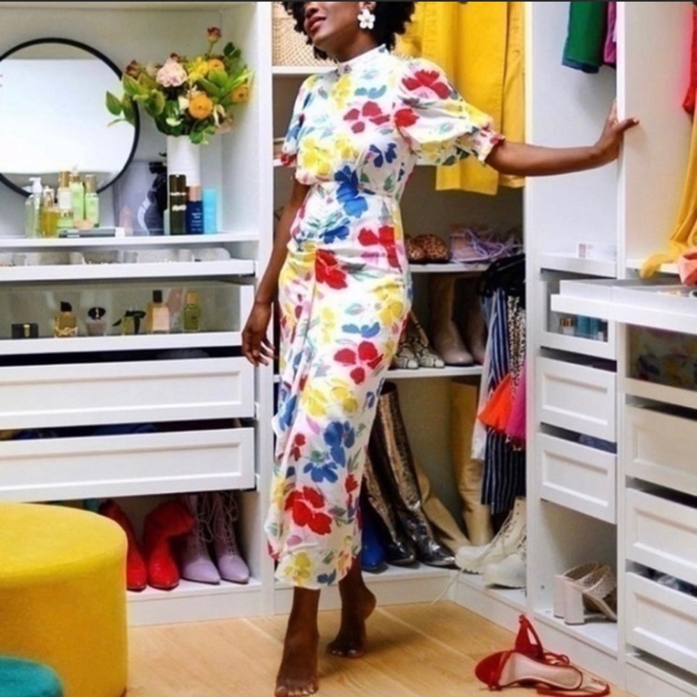 Rixo white Floral multicolored Mock Neck Cascade Ruffle Dress short sleeves sz 6 - Picture 5 of 16